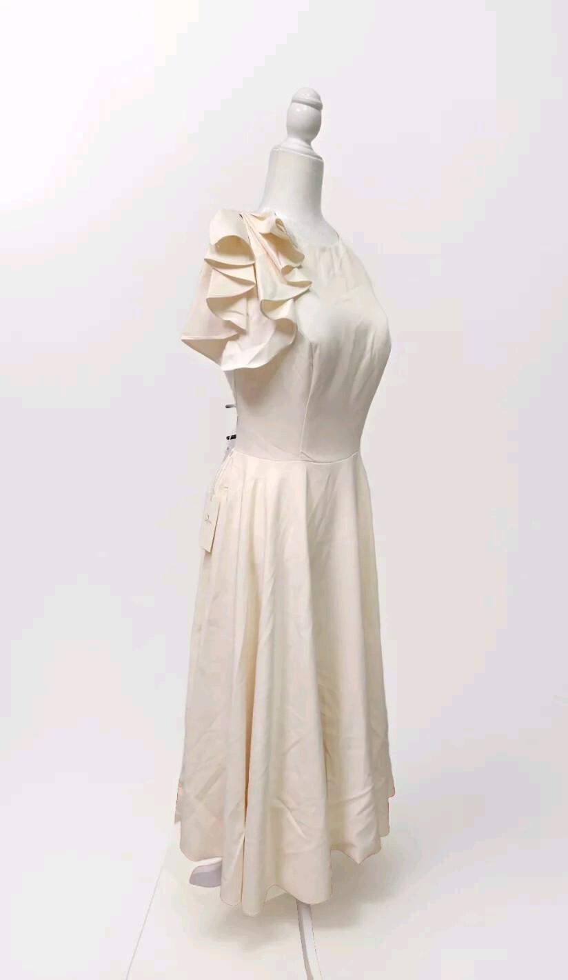 LT Lanting Bride Ivory Tea Length Ruffle Shoulder Wedding Dress Size 10 NWT