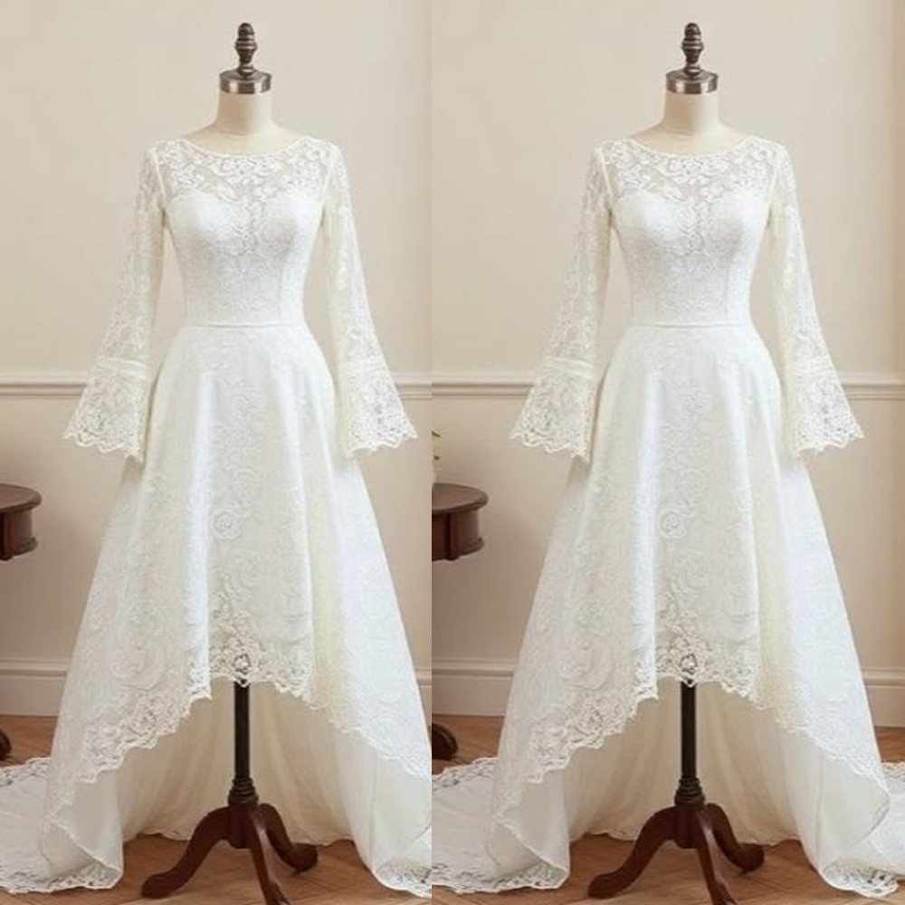 Wedding Dresses High Low Long Sleeve Lace Applique Scoop Neck Tulle Bridal Gowns