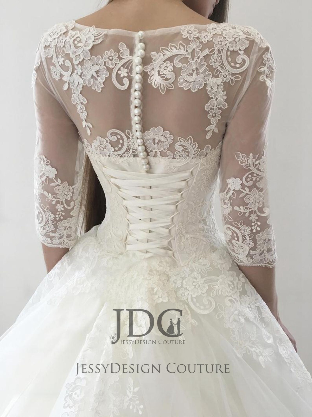 Luxurious Lace Wedding Dress Bridal Gown Corset Pearls Buttons Cathedral Train