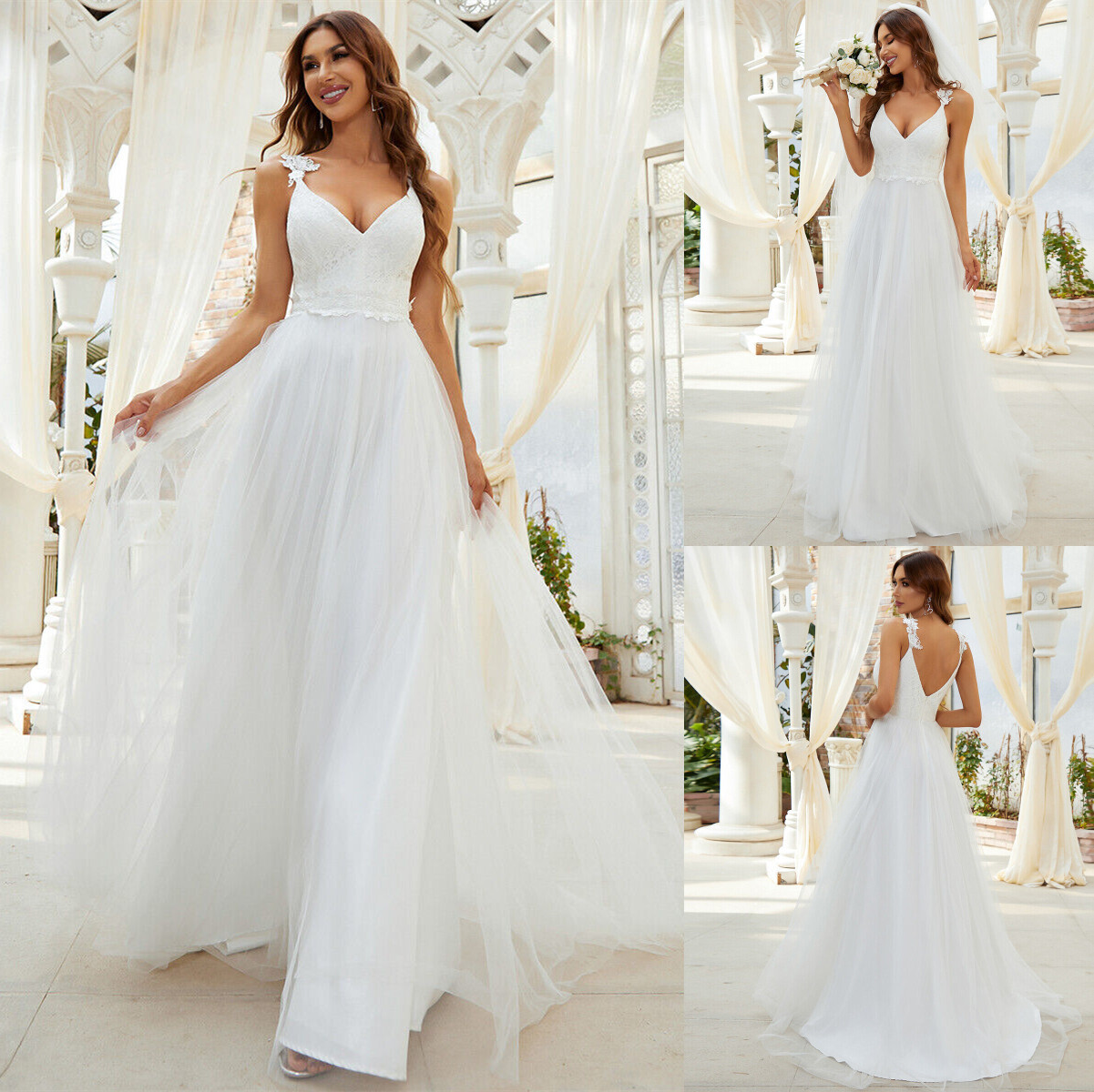 White/Ivory Lace Wedding Dress V Neck Open Back Tulle Bridal Gowns Custom Size