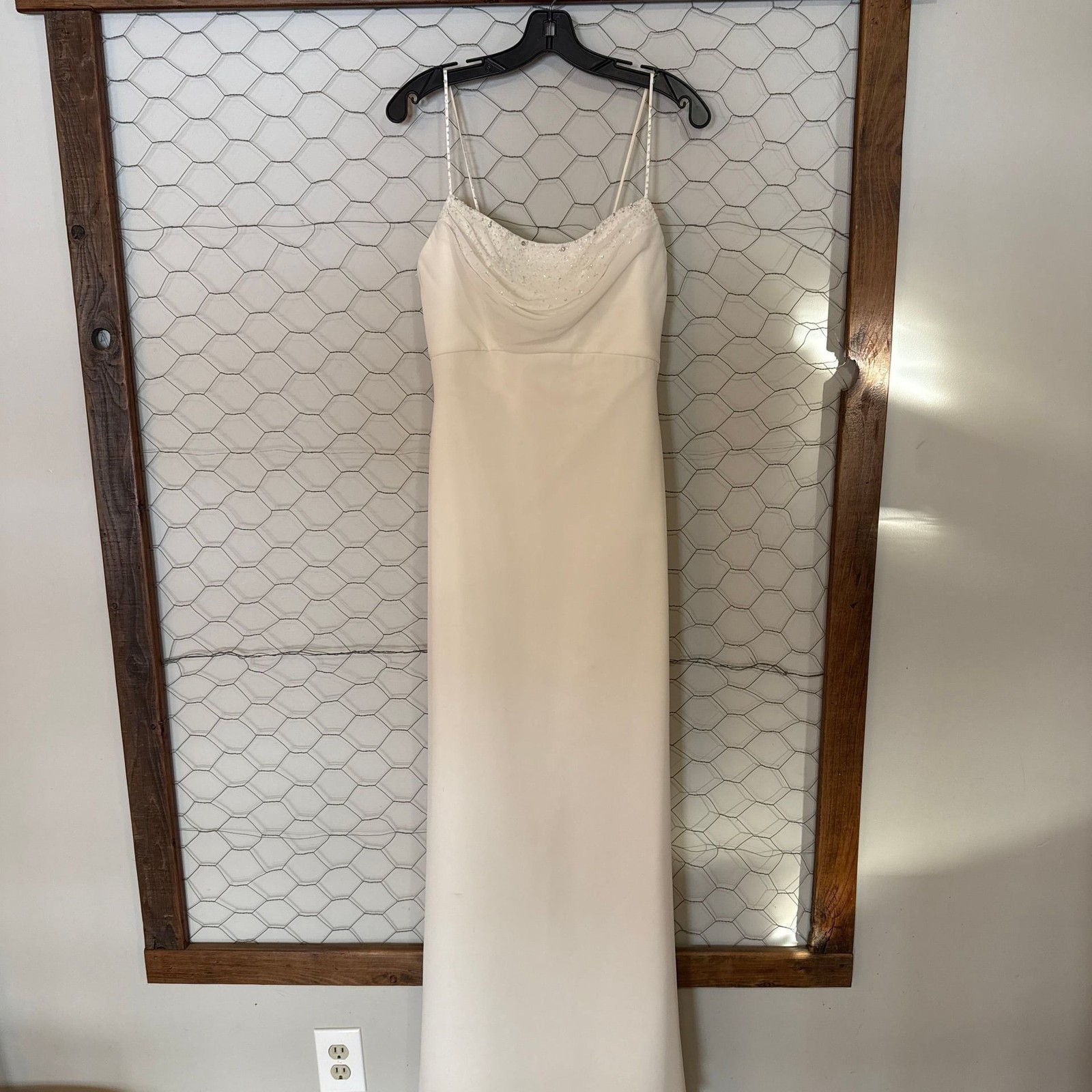 Galina for David’s Bridal Ivory Beaded Chiffon Cowl Neck Wedding Dress Style GV8