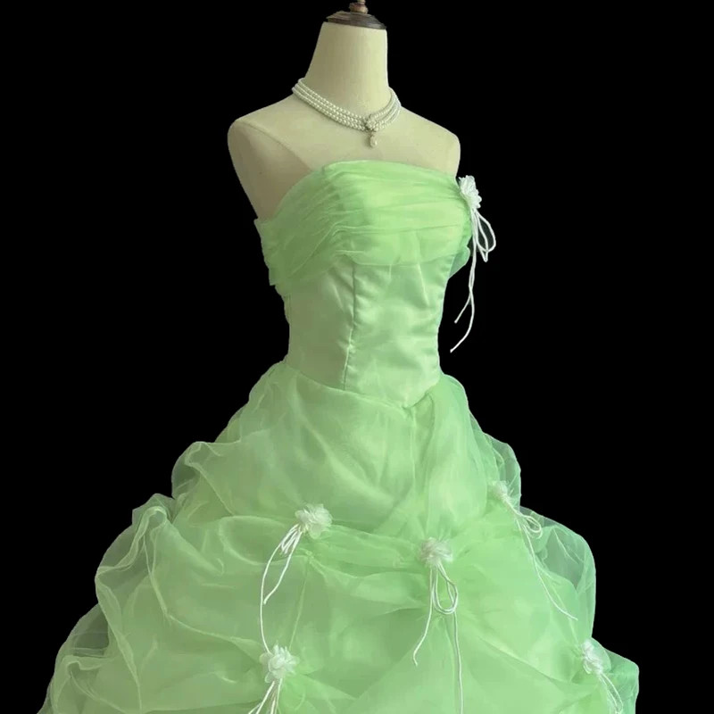 Princess Grass Green Lace Strapless Sleeveless Beading White Flower Bow Ruffles
