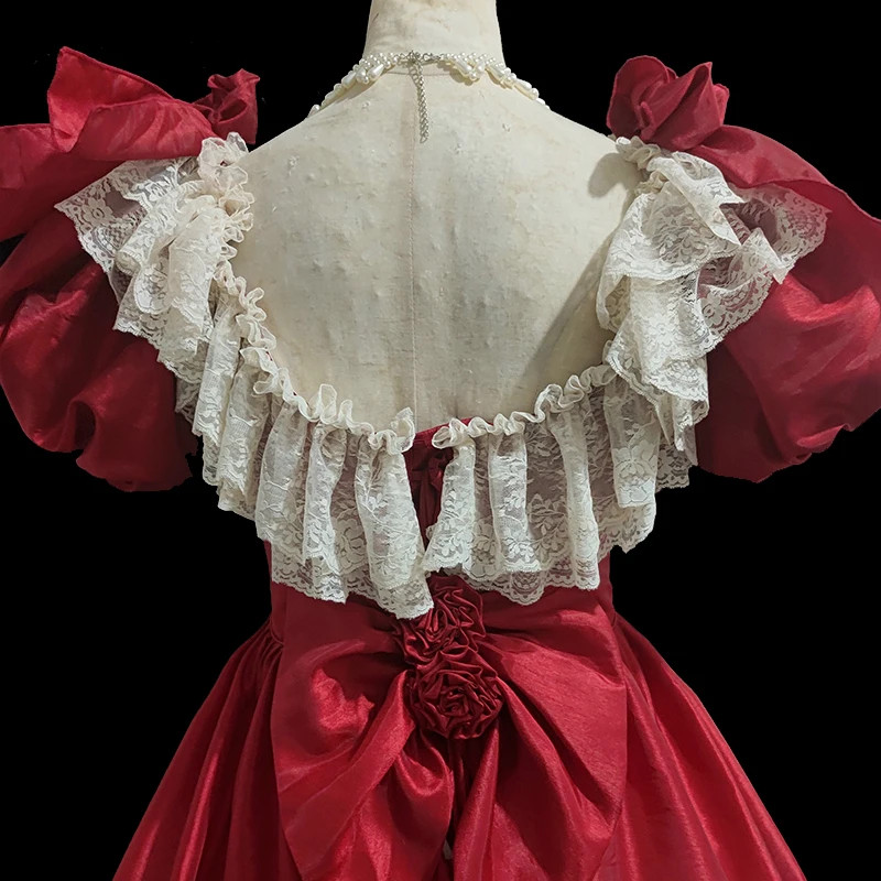 Princess red Simulated silk double palace satin white flowers lace Vneck big bow