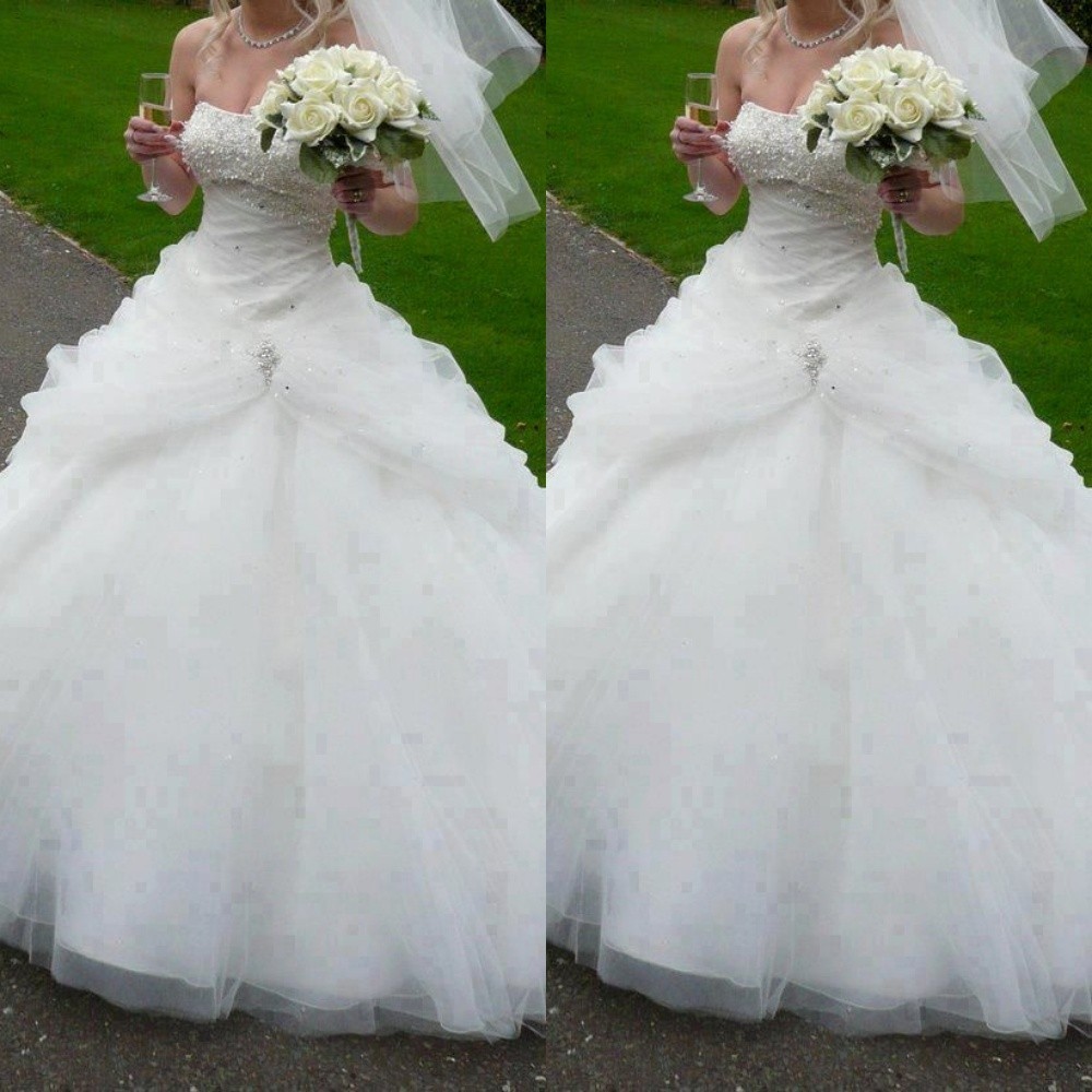 Elegant Wedding Dresses Strapless Ruched Rhinestone Beading Tulle Bridal Gowns