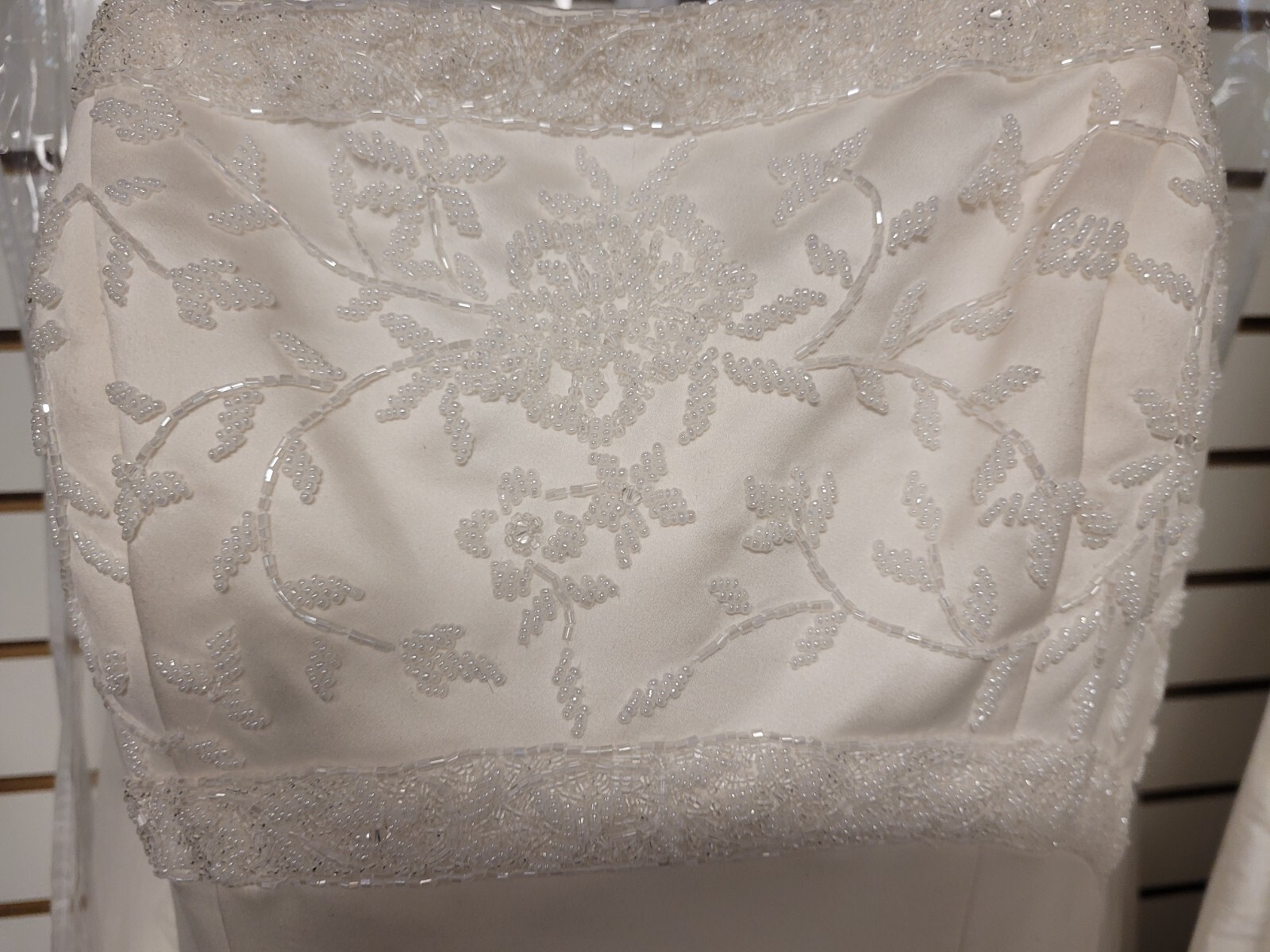 Monique Luo, Size 8, Ivory White, Satin, A-line, Beaded Empire Bodice, Straps
