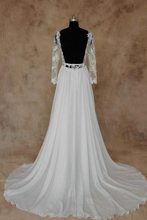 Beach Boho Chiffon Wedding Dresses Long Sleeve Open Back Sweep Train Ball Gowns