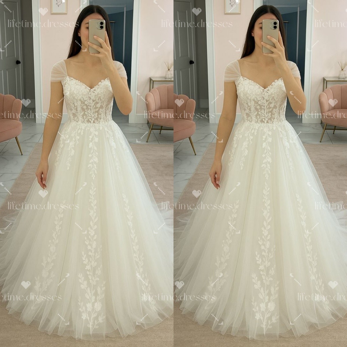 Elegant Wedding Dresses A Line Lace Short Sleebes V Neck Tulle Bridal Gowns
