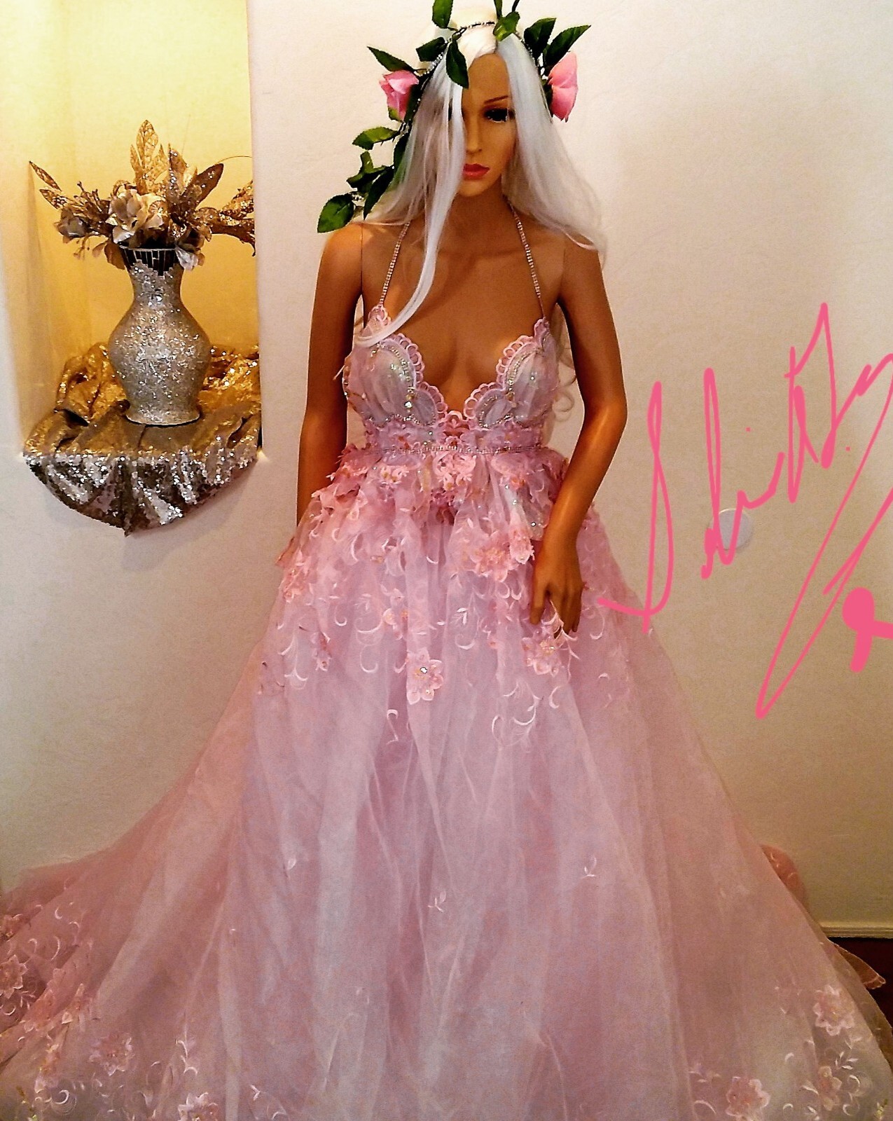 “AMARIS” Pink & White Organza 2 Pc Backless Babydoll Wedding Ballgown Set