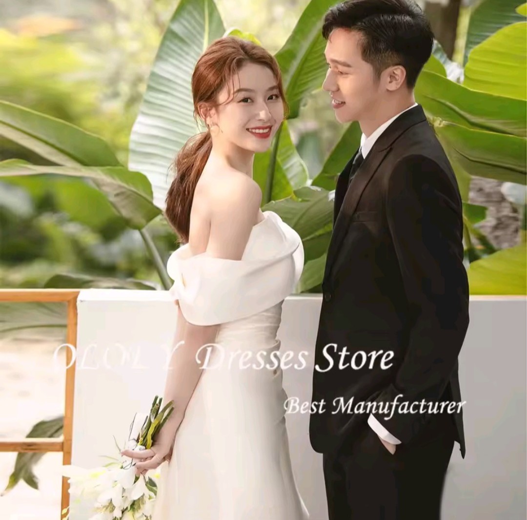 OLOEY Simple Off Shoulder A Line Satin Floor Length Ivory Wedding Dress