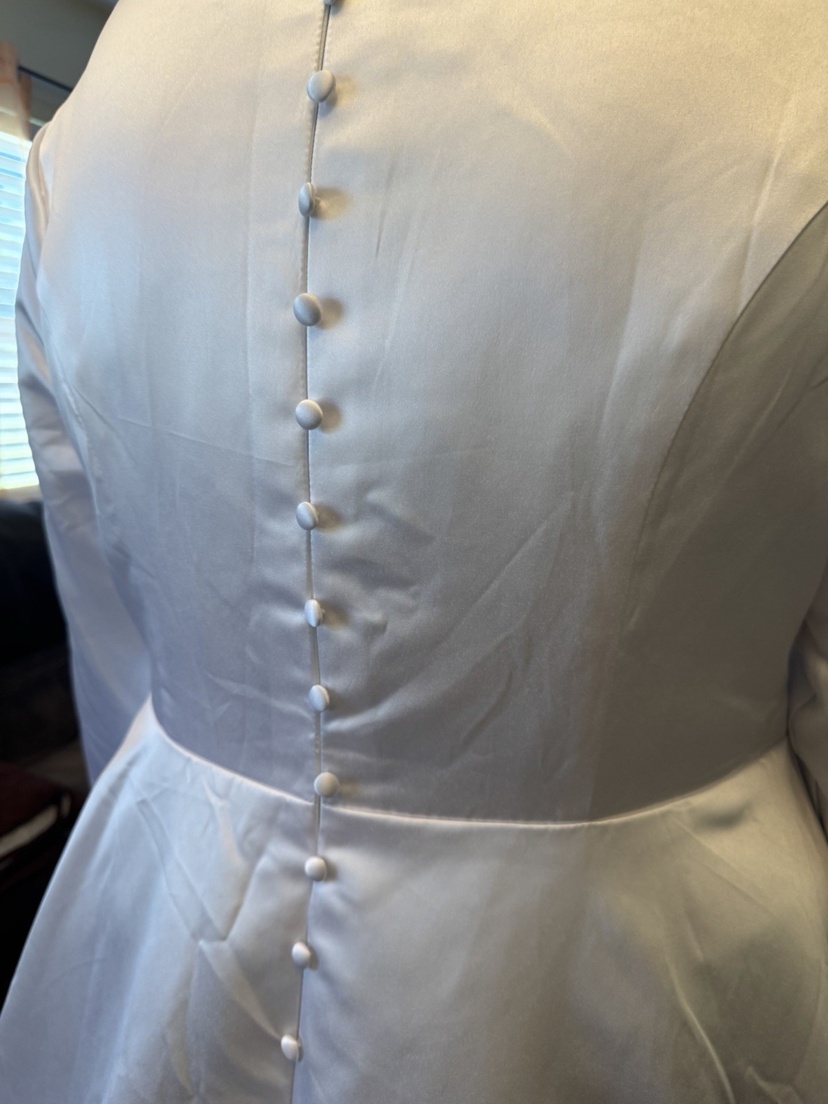 White Satin A-Line Wedding Dress 3/4 Sleeve Boat Neck Button Back Train 13/14