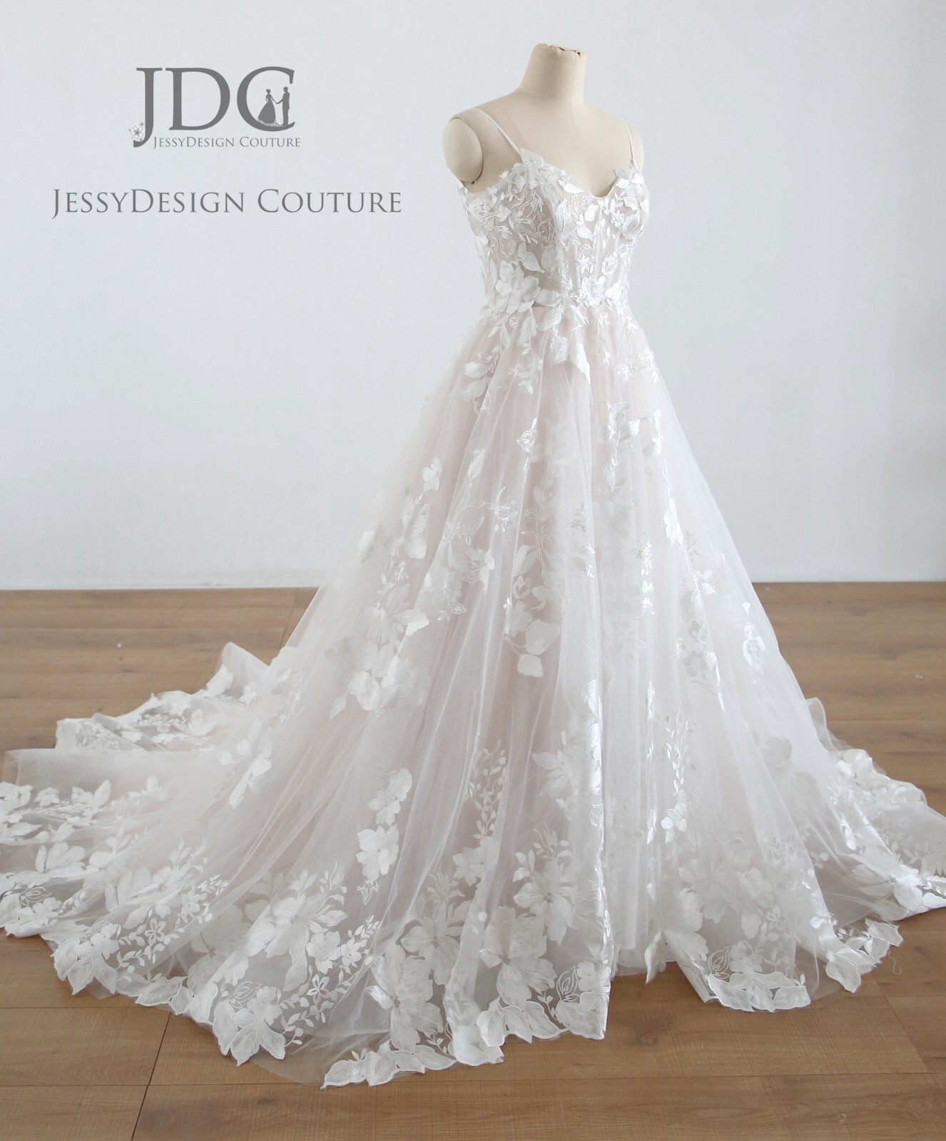 Floral Lace Wedding Dress Ball Gown Custom made 2-28W Plus Glitter Tulle Blush
