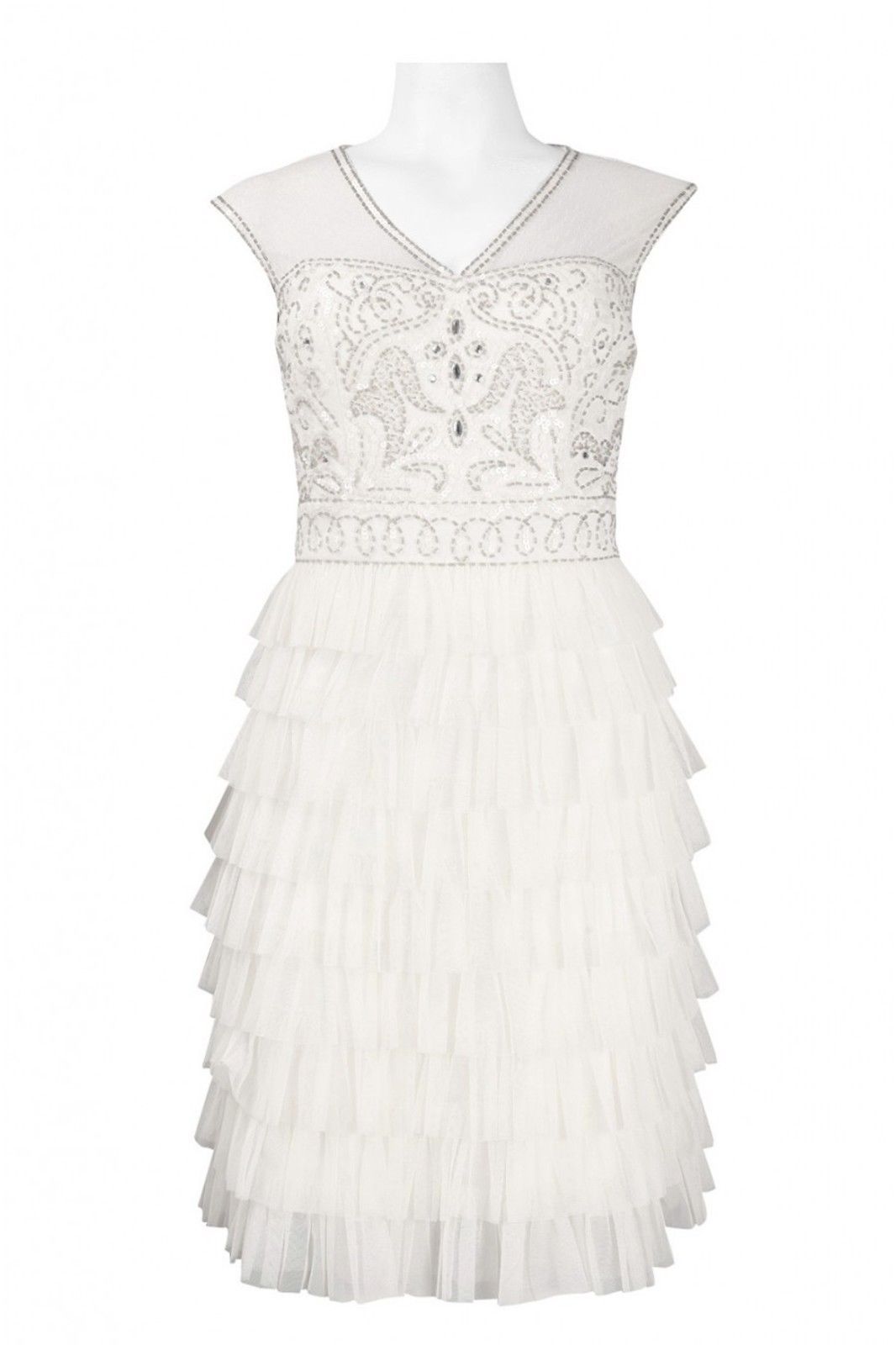 Sue Wong Art Deco Illusion Beaded Bodice Layered Ruffle Short Dress NWT -Size 12
