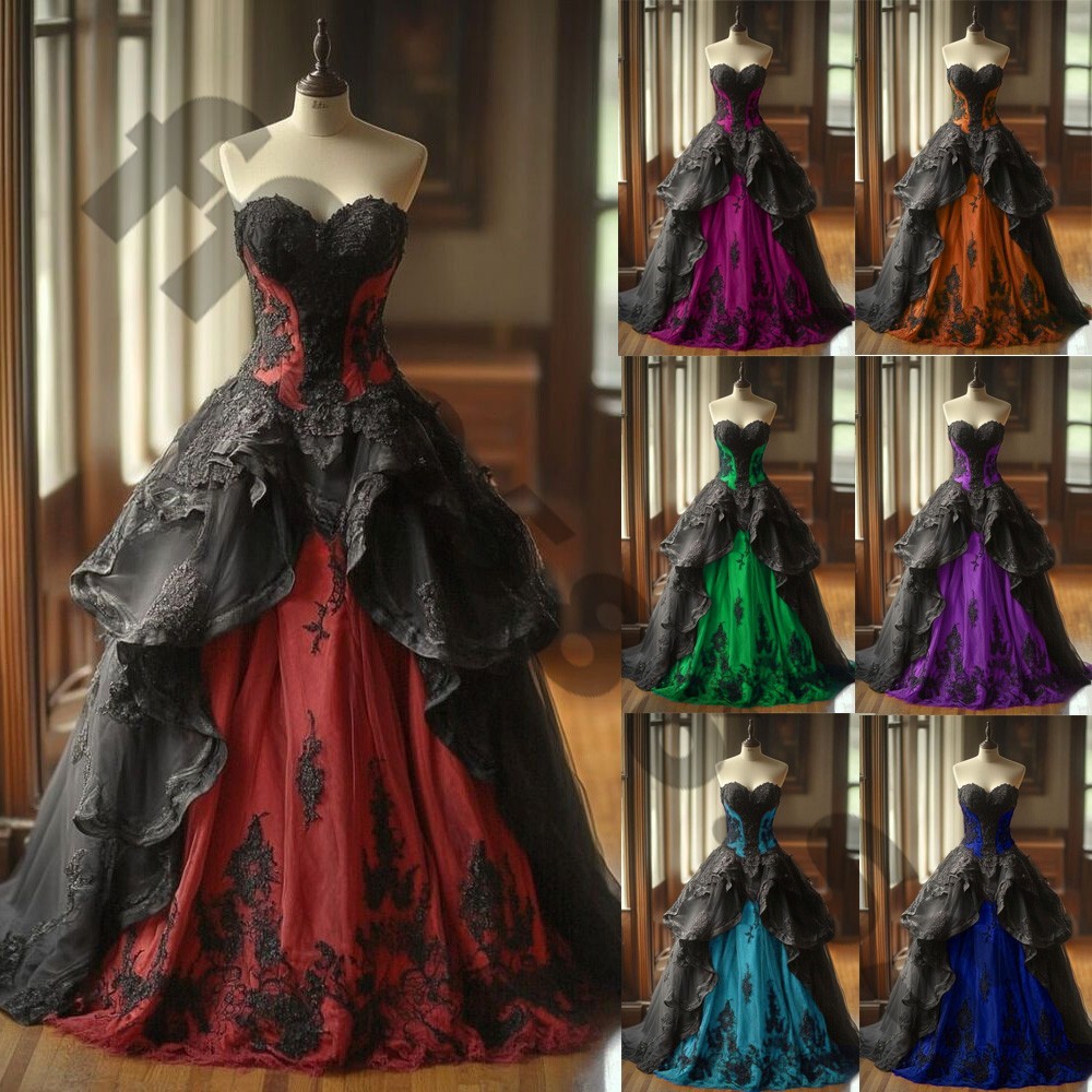 Gothic Wedding Dresses Strapless Black Lace Appliques Full Length Bridal Gowns