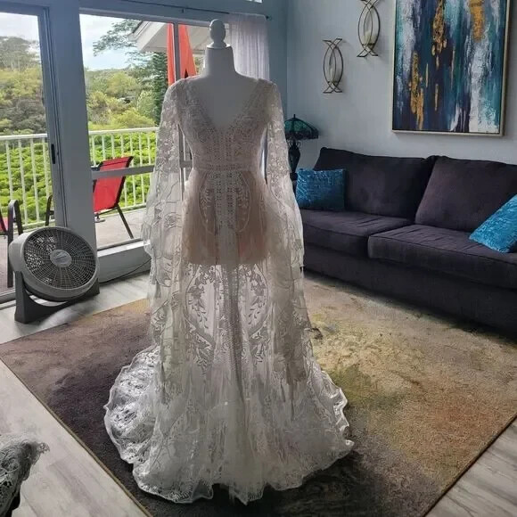 Boho Mermaid A-LIne Wedding Dress with Long Bell Sleeves V Neck and Beading
