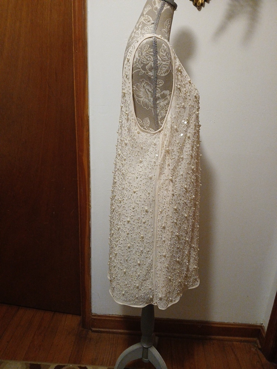 H&M Ivory Pearl Embellished Shift Mini Dress Size L