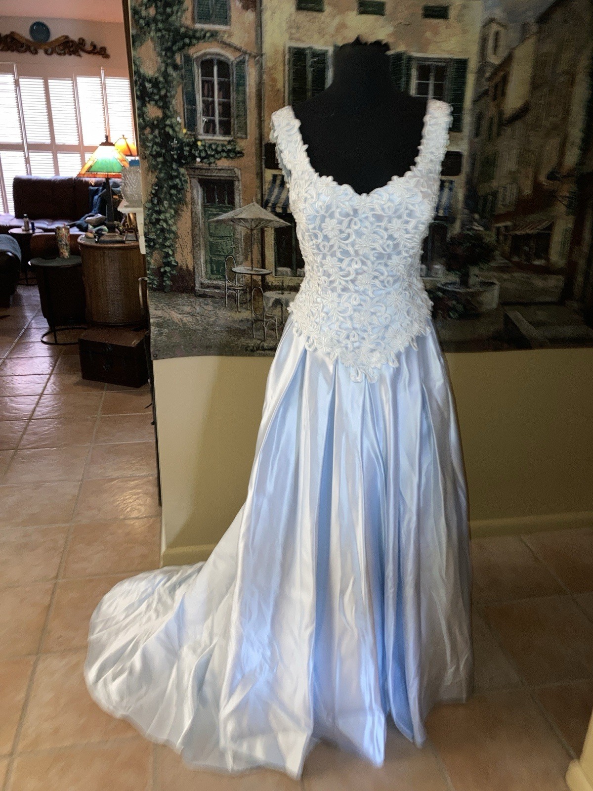 Wendy Makin Pale Blue Skirt White Lace Sleeveless Bodice Bridal Formal 4