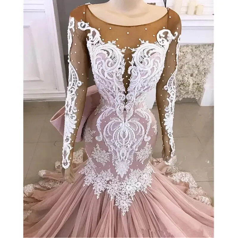 Elegant Pink Vintage Mermaid Wedding Dresses Long-sleeve Lace Appliqué Ball Gown