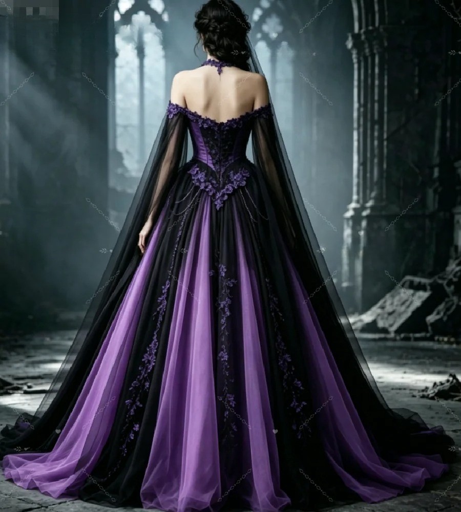 Black Purple Gothic Wedding Dresses Floral Lace Appliques Sheer Tulle Dark Gowns