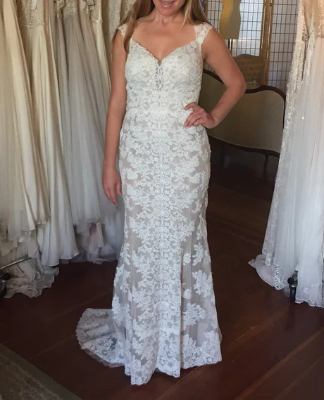 Watters Wtoo Telvanise 19101 Wedding Dress 10 Ivory Nude Lace Sheath Illusion