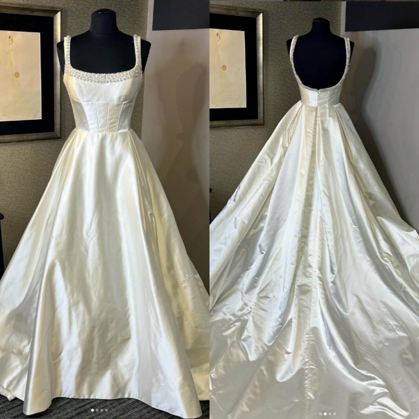 Satin Wedding Dresses Vintage Sleeveless Beaded A Line Square Neck Bridal Gowns