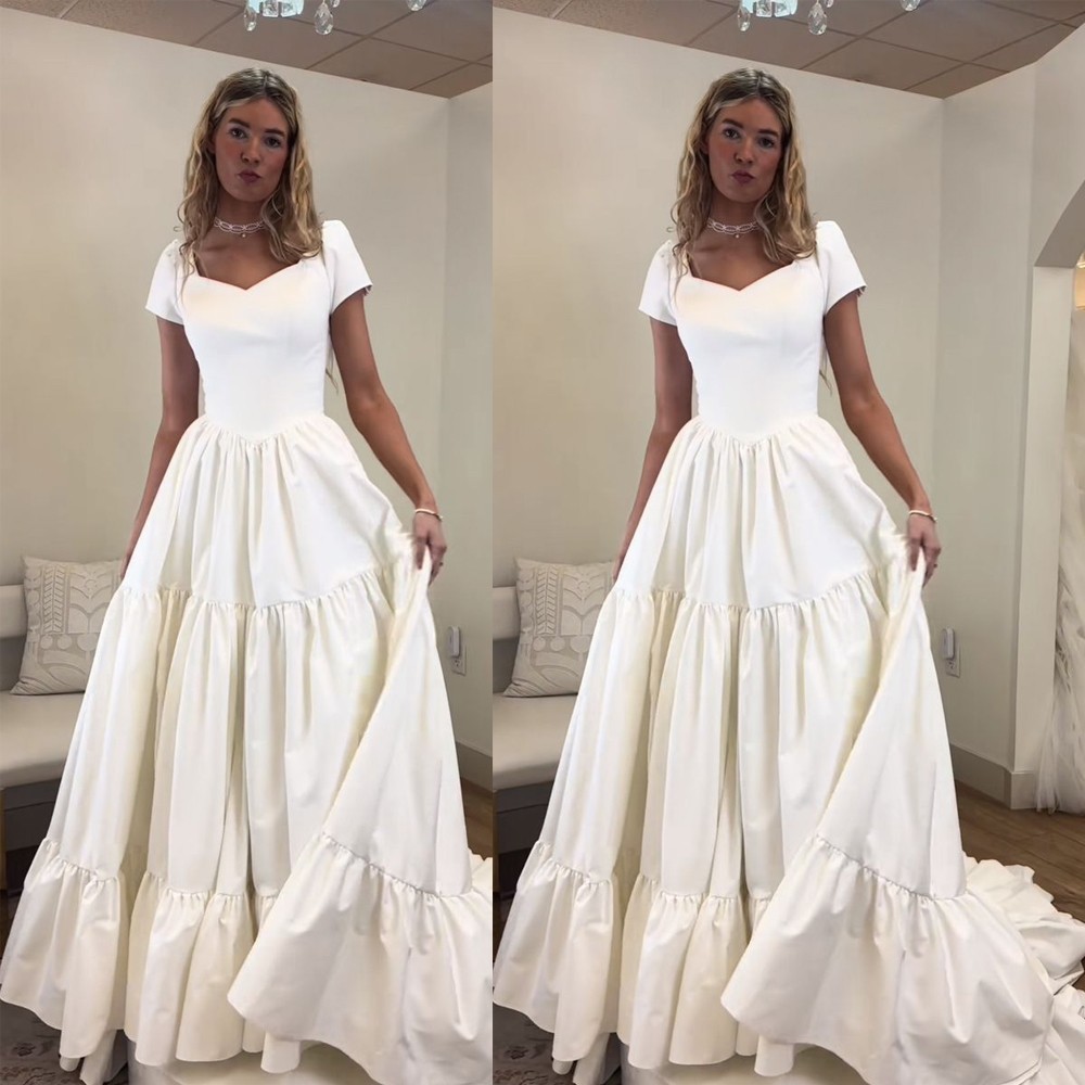 Stain Wedding Dresses Ruffle Short Sleeve Sweep Train Minimalist Bridal Gowns