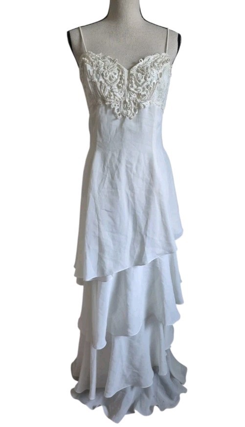Vintage 80s 90s Jessica McClintock Dress Gown Tiered Lace Pearls Bridal Sz 14