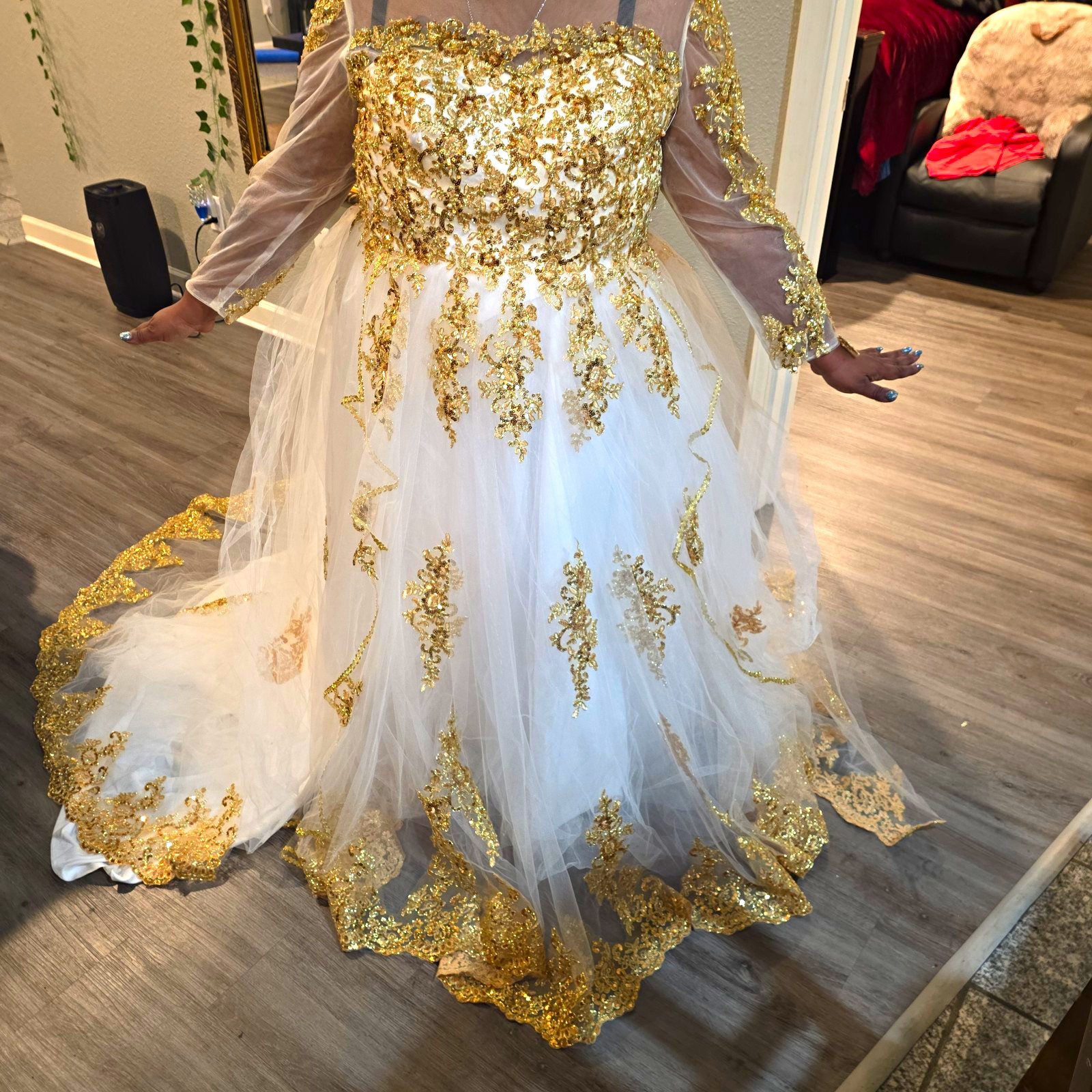 Handmade White/Gold Beaded Embroidered Tulle A-Line Long Sleeve Train Dress