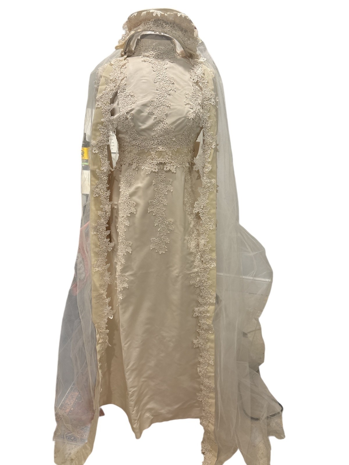 Vintage Ivory Lace Bridal Gown w/ Attached Veil | Long Sleeve High Neck Wedding