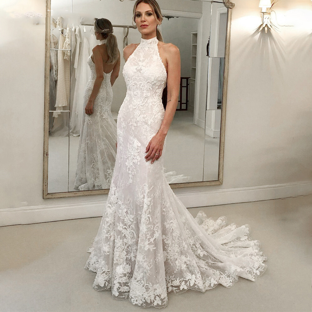 Beach Mermaid Wedding Dresses with Train Halter Neck Backless Bridal Dresses