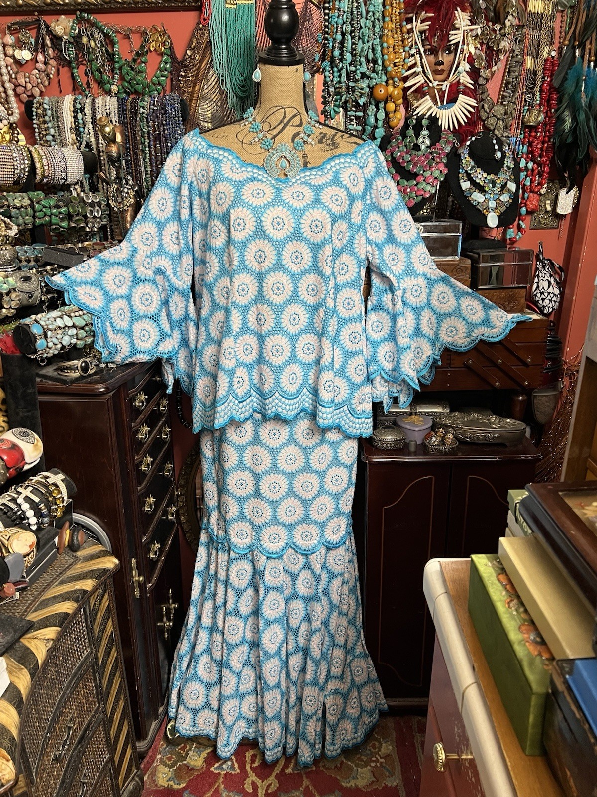 Gorgeous Vintage Handmade Crochet Lace In Turquoise & White Shirt & Top Size XXL