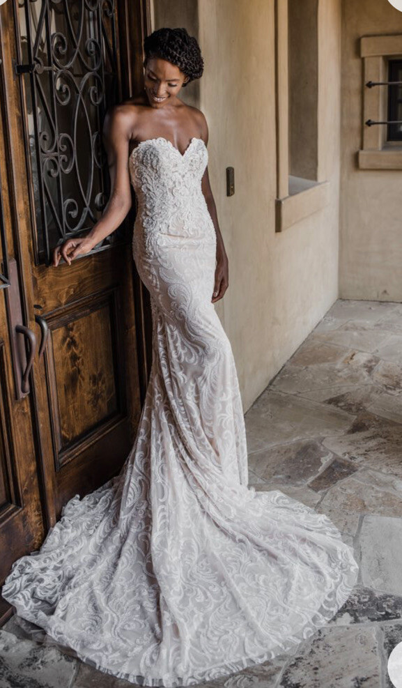Evelyn Bridal Annika S201363 strapless metallic sparkle lace sheath gown Train