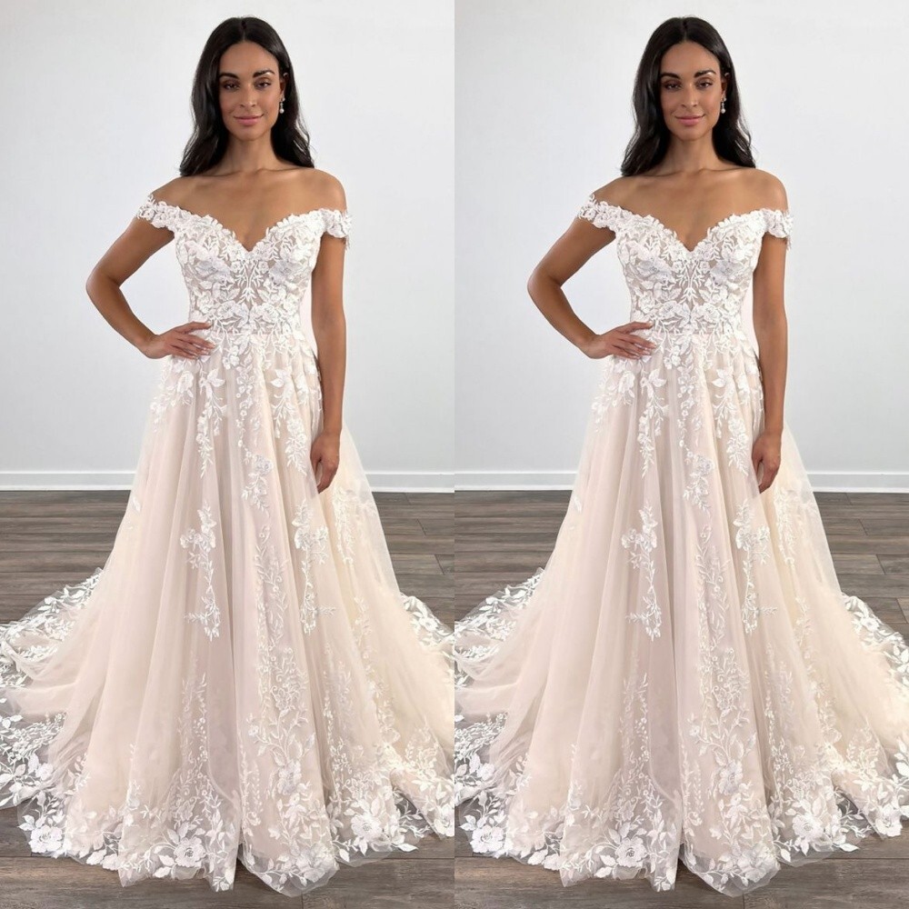 Blush Pink Wedding Dresses Off The Shoulder Lace Appliques A Line Bridal Gowns