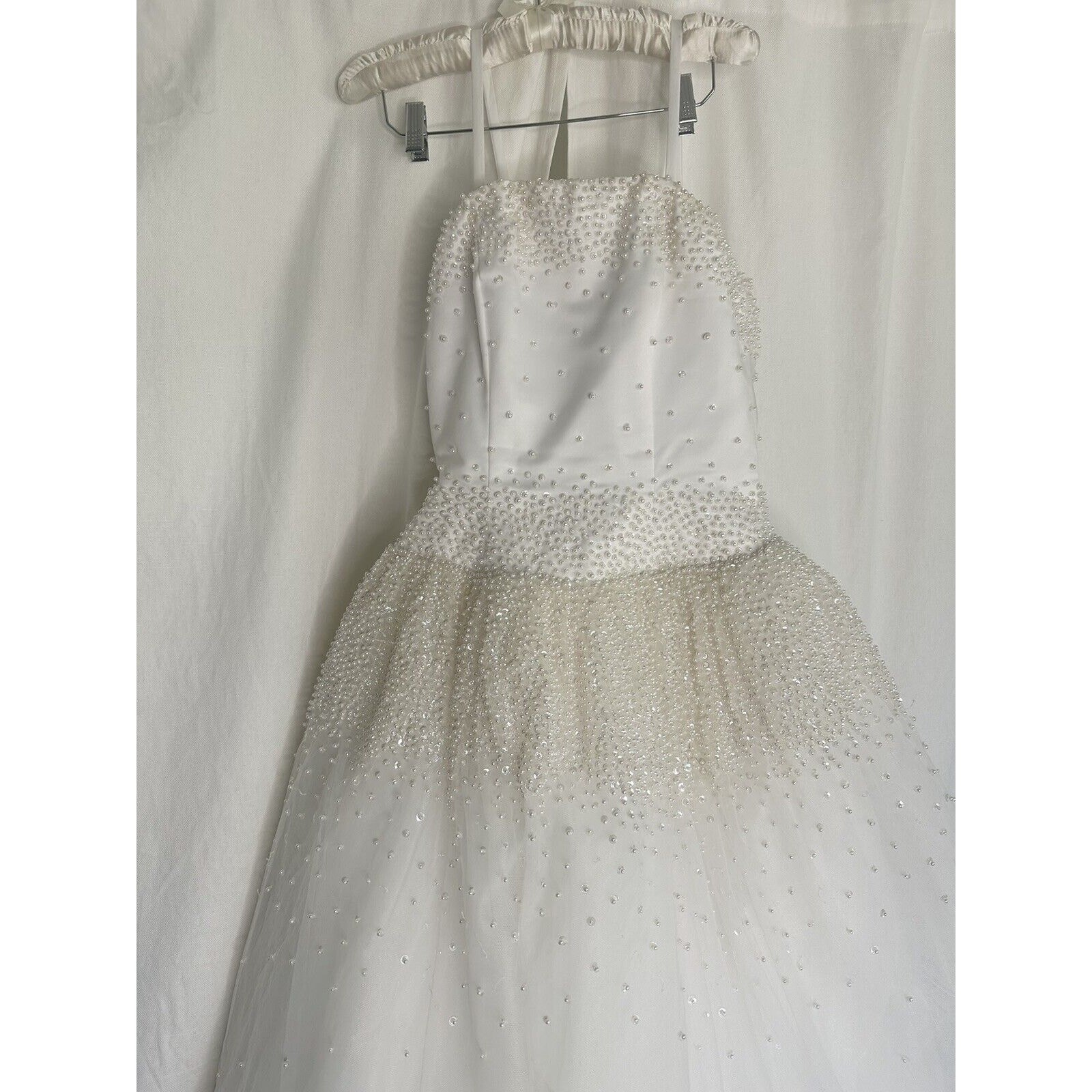 Oleg Cassini Women’s 8 Dress White Satin Wedding Beaded Bodice & Tulle Skirt