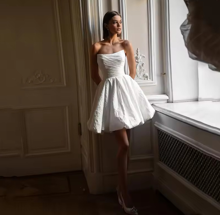 Short Wedding Dresses Strapless Sleeveless Satin Bridal Dress Women Princess