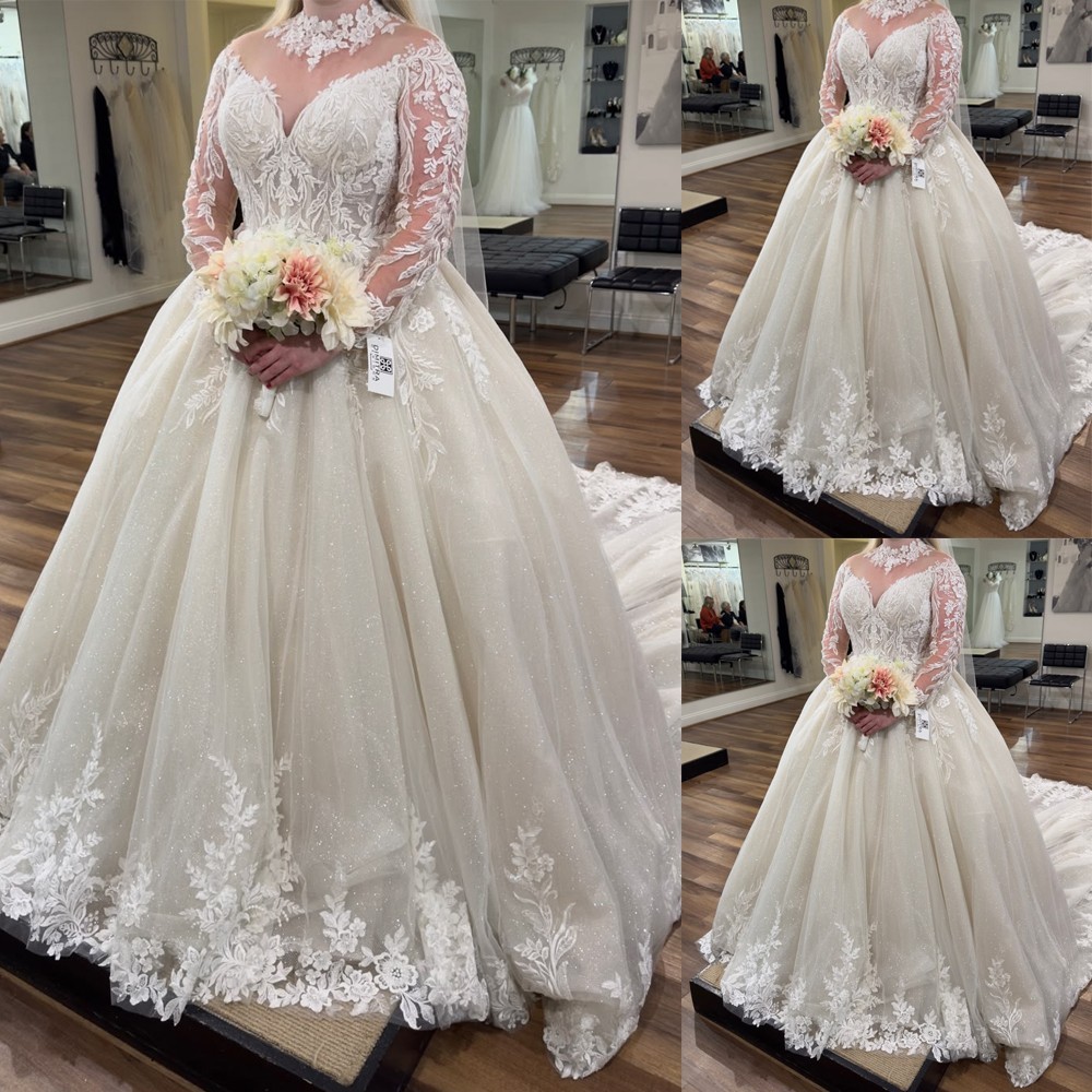 Wedding Dresses High Neck Lace Applique Long Sleeve Sweep Train Bridal Gowns