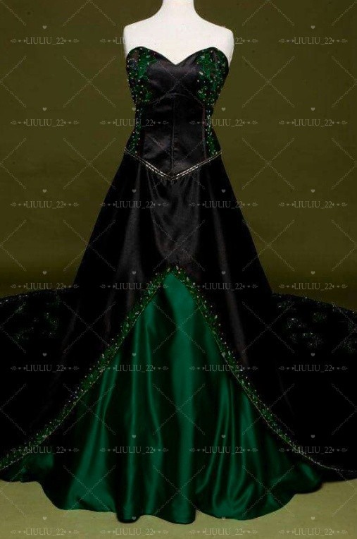 Gothic Black and Green Satin Wedding Dresses Sweetheart Embroidery Bridal Gowns