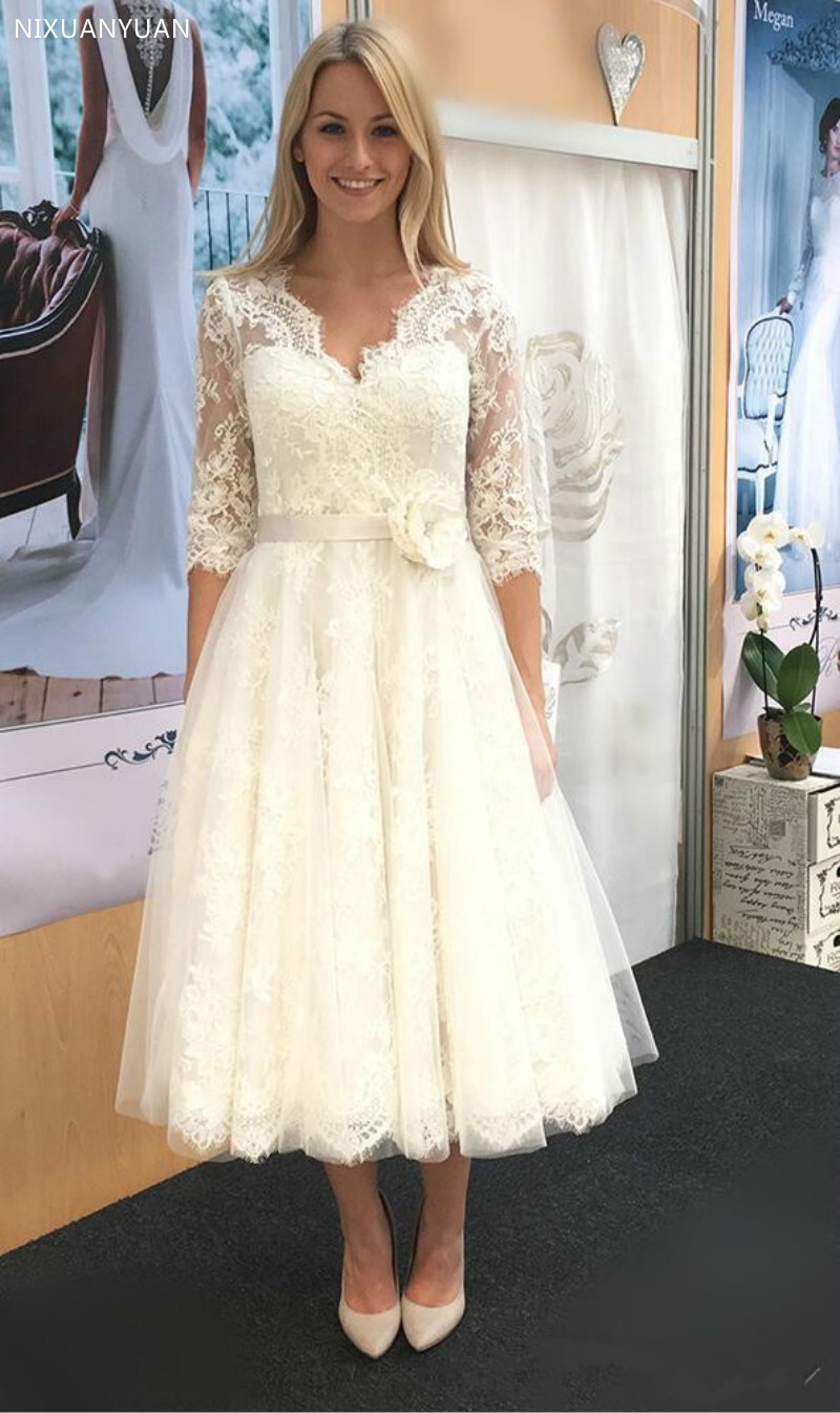 A Line Short Lace Wedding Dresses 3/4 Sleeveless lace Appliques Tea Length Plus
