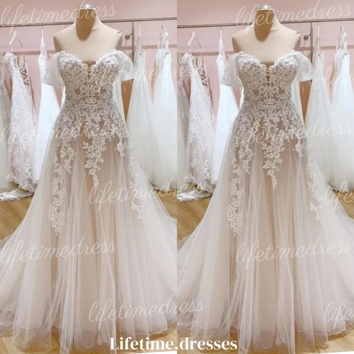 Champagne Wedding Dresses Off Shoulder Tulle Elegant Lace Floral Bridal Gowns