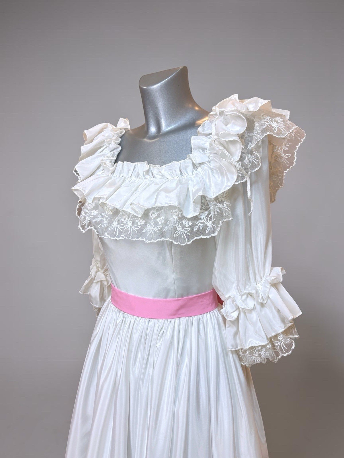 Victorian Vintage White Satin Wedding Dress Portrait Neck 3/4 Sleeve + Pink Bow
