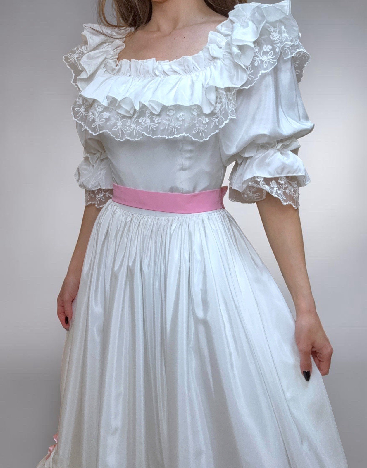 Victorian Vintage White Satin Wedding Dress Portrait Neck 3/4 Sleeve + Pink Bow