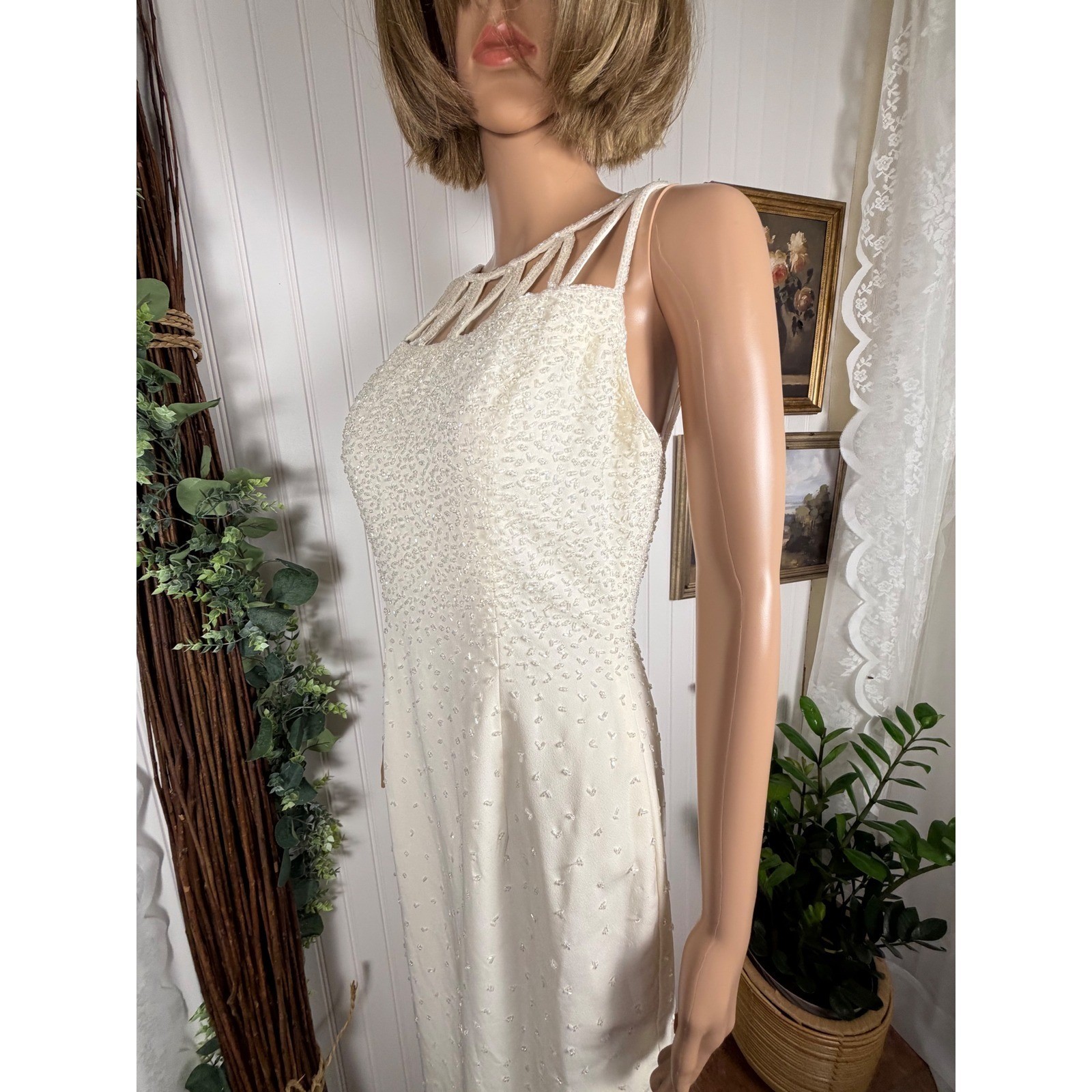 Je Matadi Vintage Maxi Dress Ivory Beaded Cage Back Wedding Gown