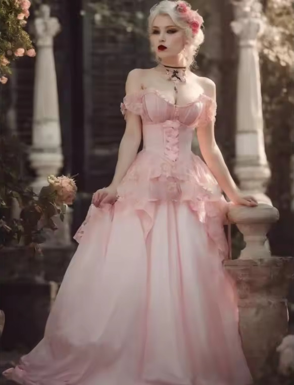 Blush Pink Wedding Dress Lace Off Shoulder Vintage Victorian Corset Special