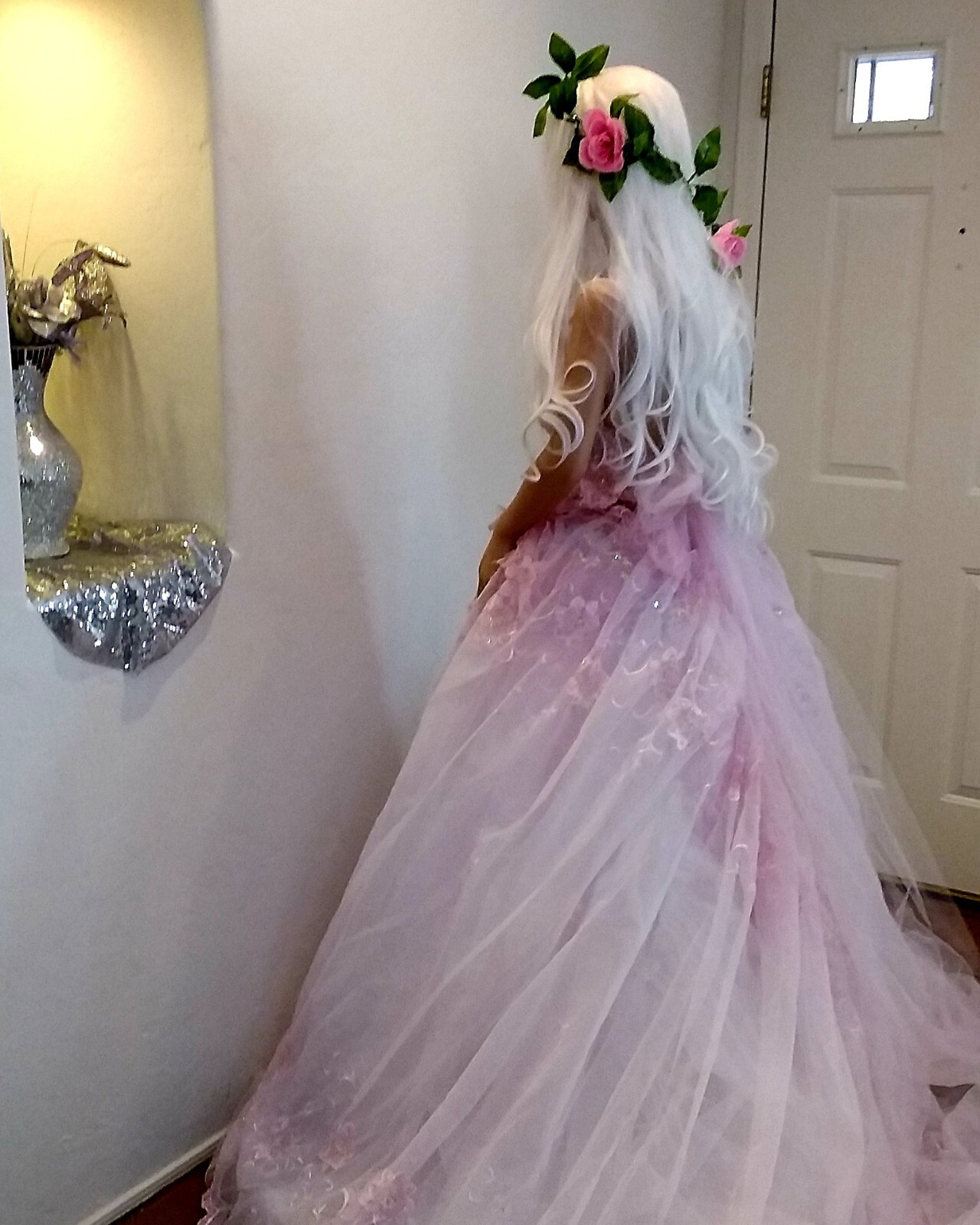 “AMARIS” Pink & White Organza 2 Pc Backless Babydoll Wedding Ballgown Set