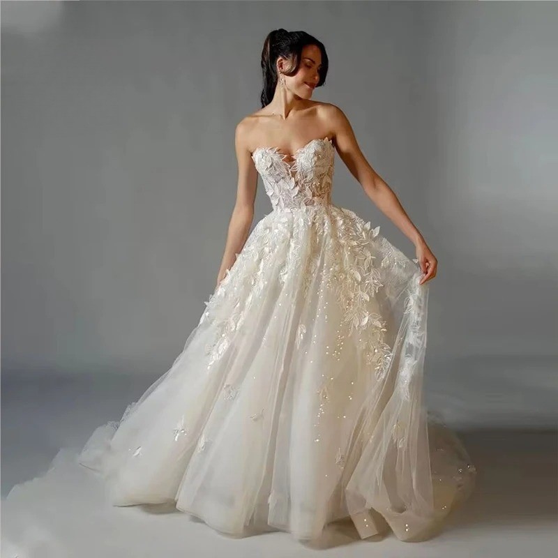Glitter Strapless Wedding Dresses Boho Mariages Appliques Tulle Sleeveless