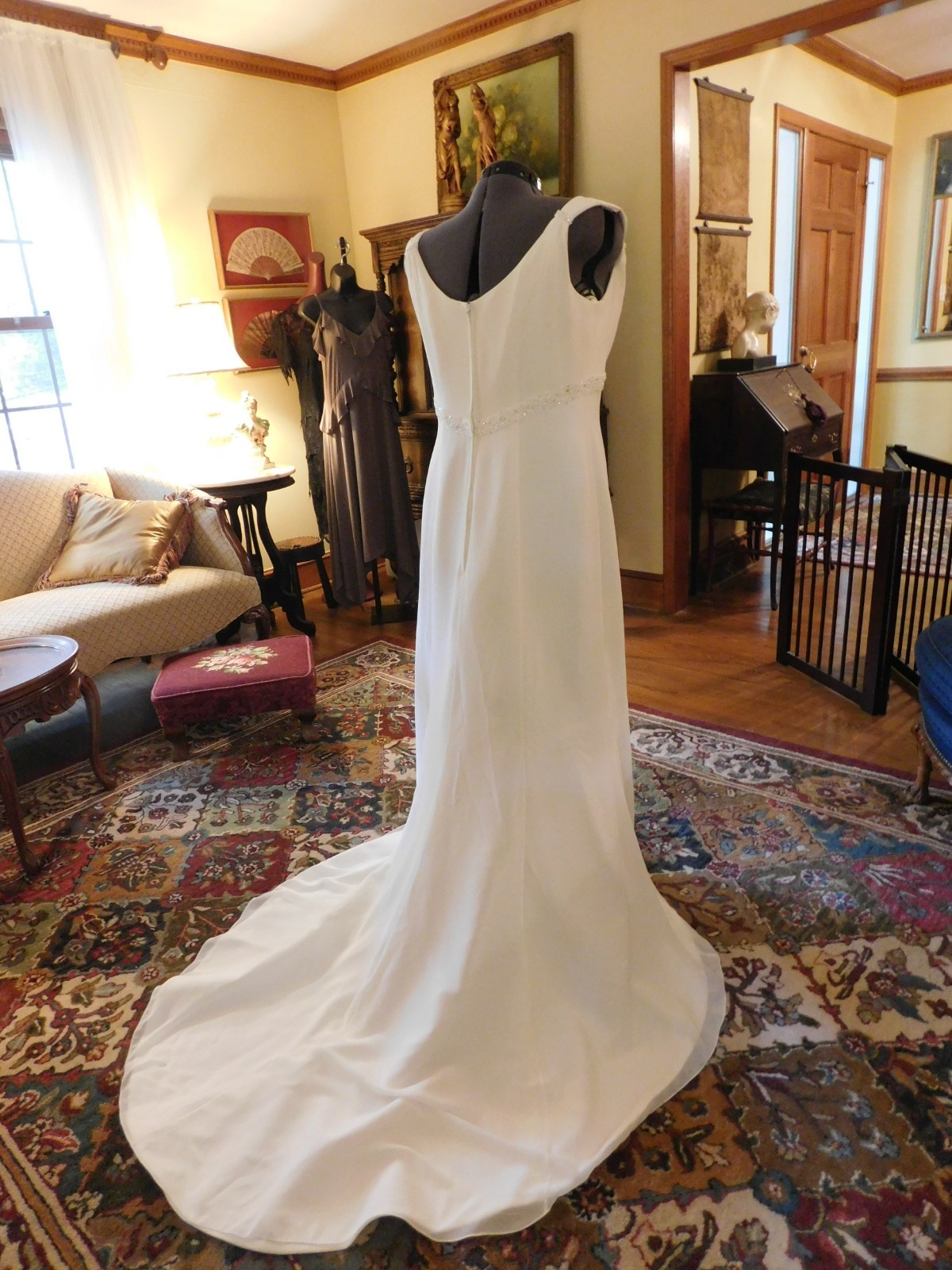 BEAUTIFUL WHITE GALINA CHIFFON & TAFFETA A-LINE BEADED WEDDING GOWN S 14
