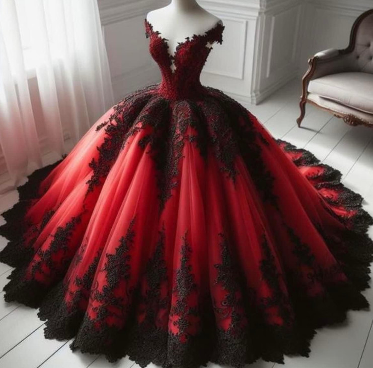 Gothic Red and Black Wedding Dresses Off the Shoulder Lace Applique Bridal Gowns