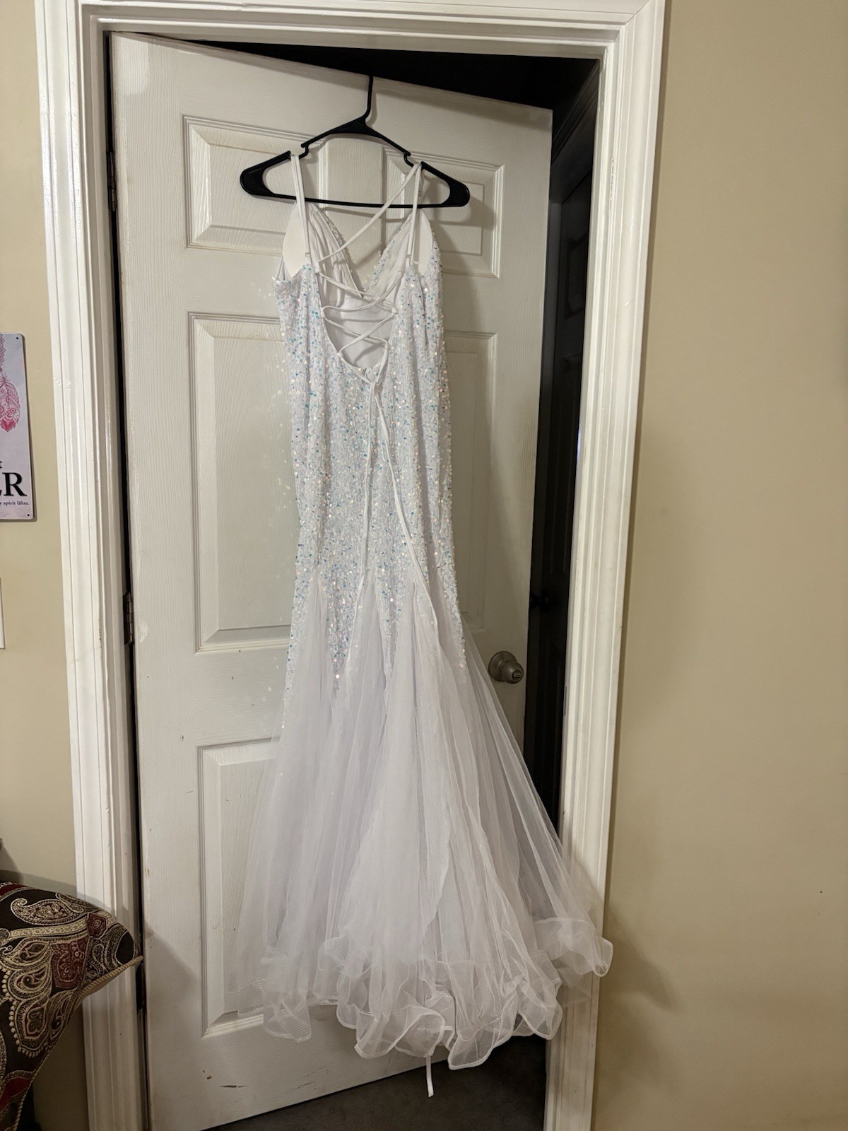 ME THE CODE White Sequin Tulle Mermaid Wedding Dress V-Neck Corset Back L