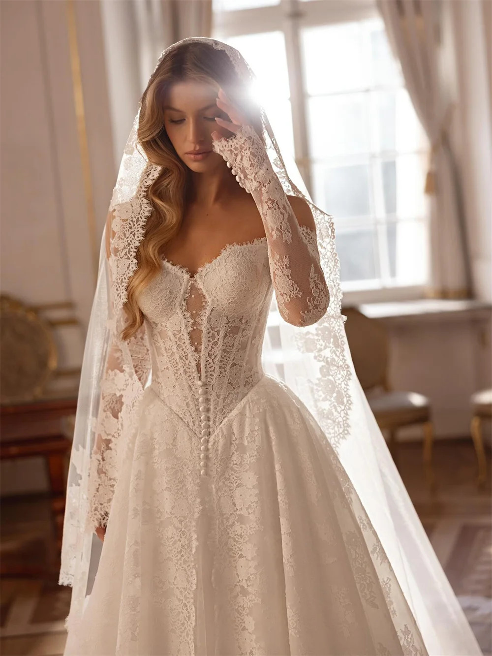 Customized White Off the Shoulder Wedding Dresses Long Sleeves Lace Court Train