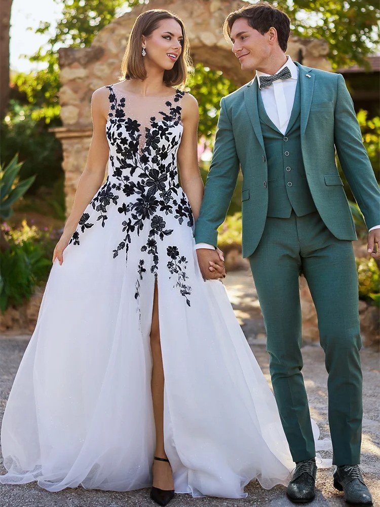 Vindal Boho Gothic Wedding Dress High Split Floral Tulle Bridal Gown A-Line