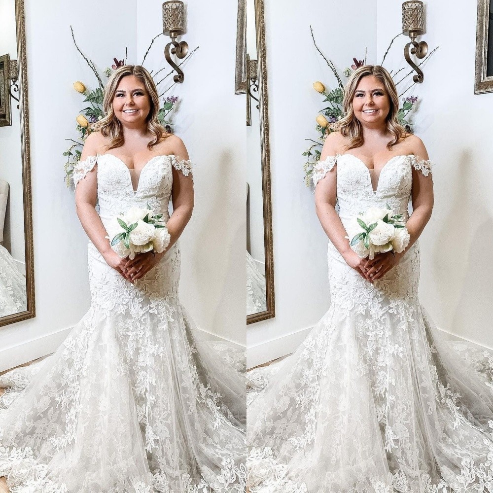 Mermaid Wedding Dresses Off The Shoulder Lace Applique Sweep Train Bridal Gown